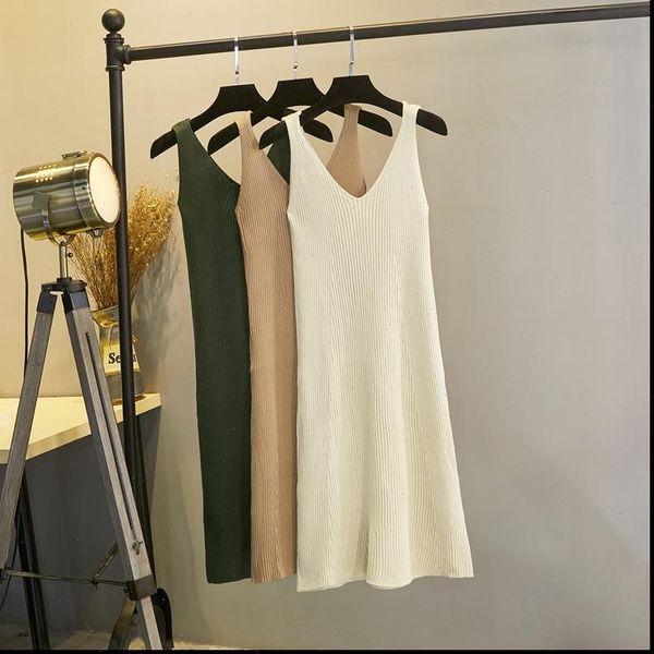 

long knit women maxi sweater dress spring autumn spaghetti strap pullover sleeveless v neck midi dresses, Black;gray