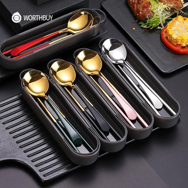 

worthbuy 18/8 stainless steel gold tableware portable travel chopsticks spoon non-slip dinner set for picnic kitchen dinnerware