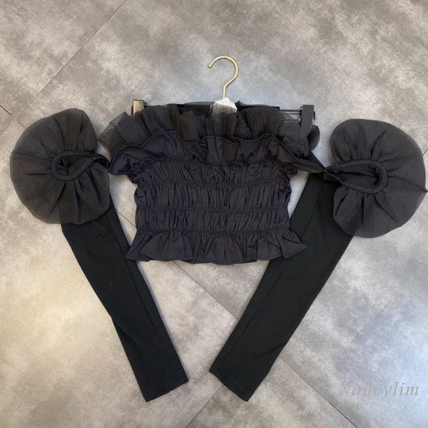 

women's blouses & shirts crop woman 2021 autumn three-dimensional ruffled elastic high waist strapless shirt black femme ins street, White