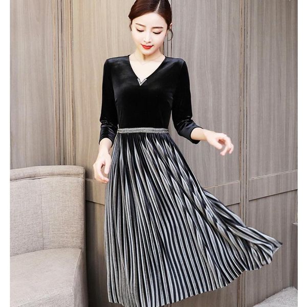 

casual dresses fashion ladies v-neck velvet dress slim waist temperament stitching big pendulum party long sleeve, Black;gray
