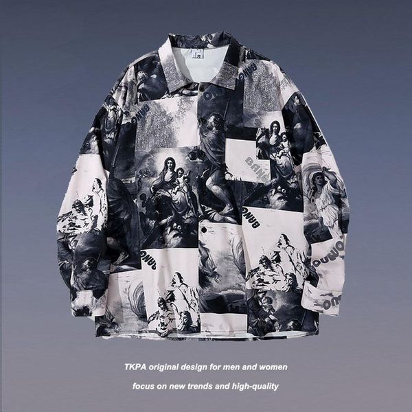 

men's casual shirts fashion figure-drawing long sleeve fashionable oversized lapel cardigan lazy style blouses, White;black