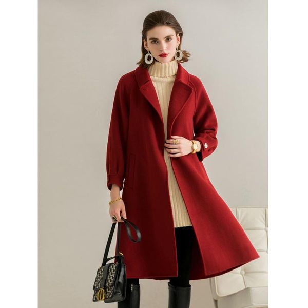 

women's wool & blends elegant long coat coffee wine color fashion outerwear ladies double sided cashmere overcoat autumn winter 2021, Black