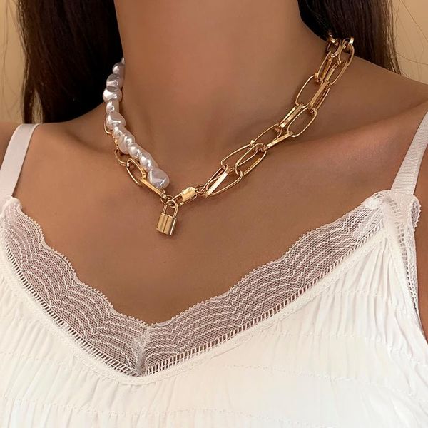 

chokers shixin simple asymmetry pearl with multilayer thick chain short choker necklace for women lock pendant fashion jewelry, Golden;silver