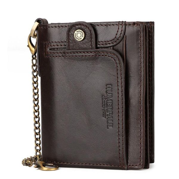 

2021 new rfid men's wallet layer leather zipper wallet large capacity multi card holder wallets with chain retro purse 45, Red;black