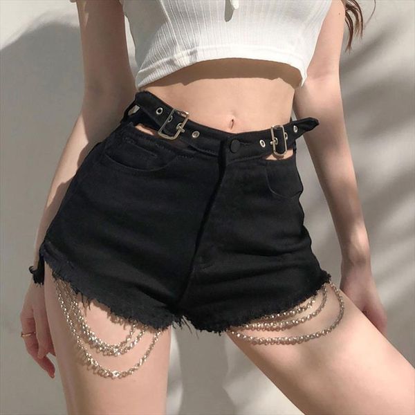 

black color women short hollow out skinny pants lolita style metal chain basic for ladies girls, White;black