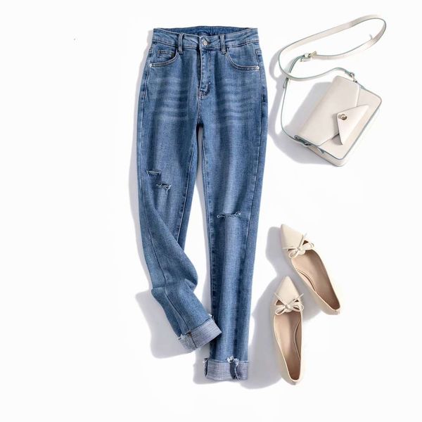 

m4571 women's wear spring and autumn high waist hole woolen denim leggings, Blue