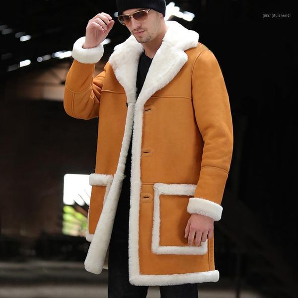 

thicken sheepskin fur shearling coat yellow winter medium long real men warm genuine leather suedue jackets men's & faux, Black