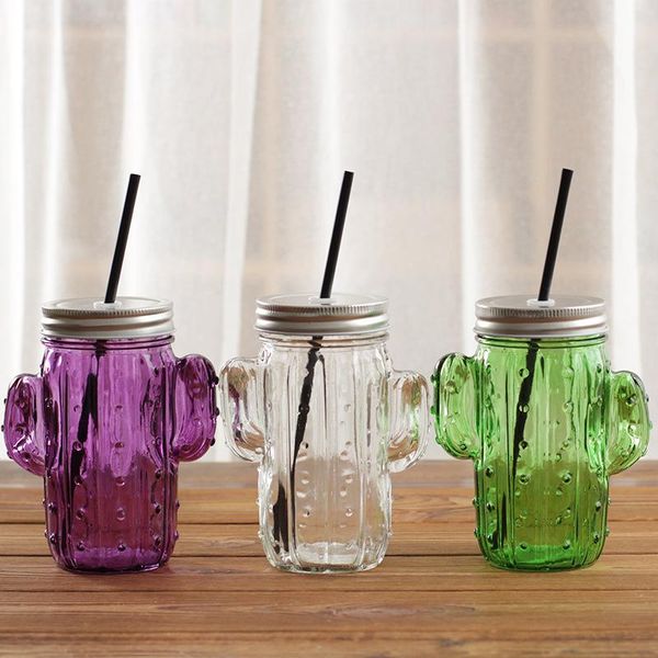 

mugs creative 3d cactus glass mason jar mug with lid and straw cold drink smoothie cup water
