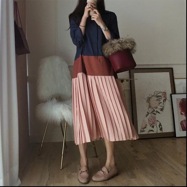 

fashion autumn new 2021 women long sleeve cotton casual korean style girls dress loose cotton pleated dress women, Black;gray