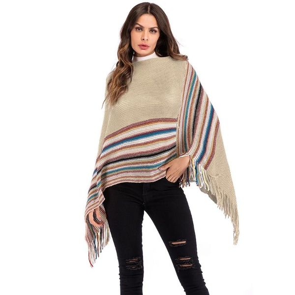 

women's sweaters knitted sweater women bohemian knitwear stripe tassel cloak cape autumn winter pullover jumper ladies, White;black