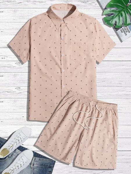 

men geo print shirt & drawstring waist shorts t4ic#, Gray