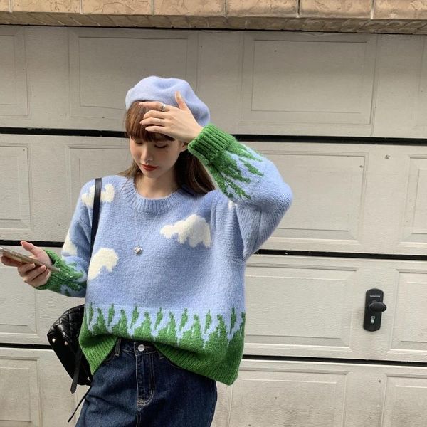 

women's sweaters oversized women crew neck loose casual long sleeve cloud grass print knit pullovers, White;black