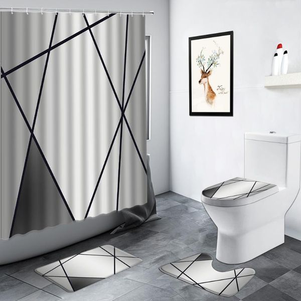 

shower curtains creative geometric bath mat set gray black stripes modern design decor bathroom carpet non-slip rug toilet cover