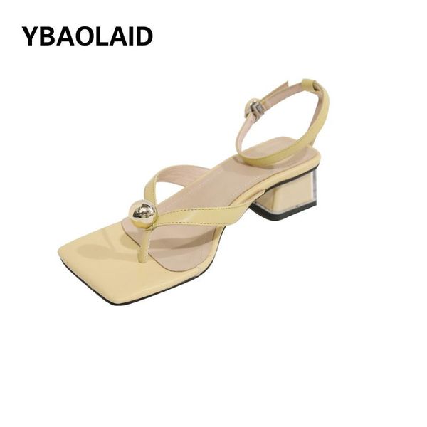 

sandals 2021 summer square-toe thick-heeled herringbone with solid color buckle metal ball mid-heel flip-flop, Black