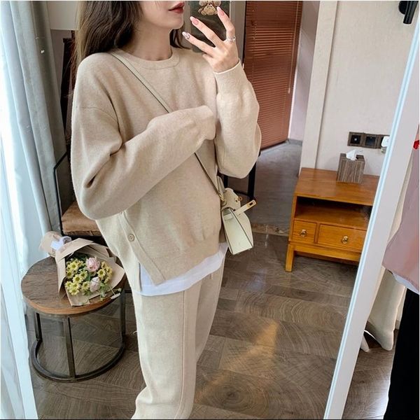 

women's two piece pants casual 2 pieces knitted set women o-neck sweater jumpers & elastic waist harem 2021 winter female blazer, White
