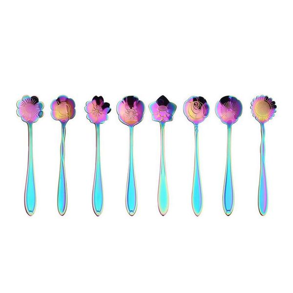 

black rainbow spoons flower dessert coffee spoons stainless steel sugar spoons cutlery 8 designs jlleoy soif