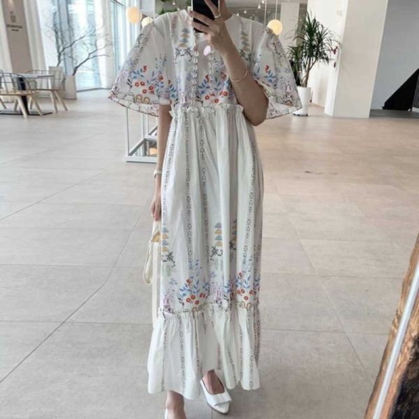 

summer elegant women boho floral print pleated dress short sleeve o neck loose dresses 210531, Black;gray