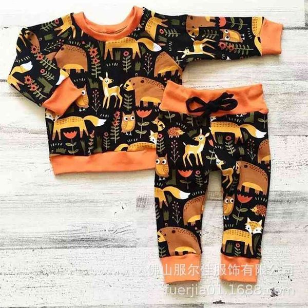 Autunno Pagliaccetti per neonati Vestiti a maniche lunghe Stampa Cartoon Animal Pantaloni Costume per bambini in stile Halloween 0-5T 210629