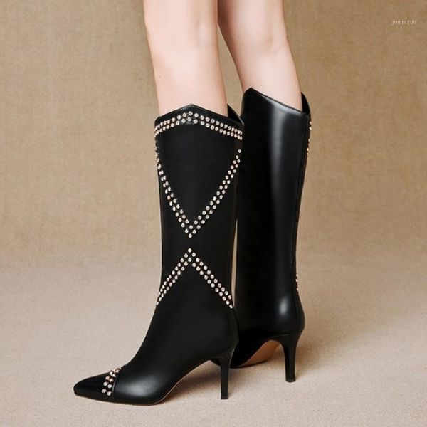 

boots women pointy toe knee thigh high rivets stud stilettos heel long shoes warm winter riding punk black plus sz 20211