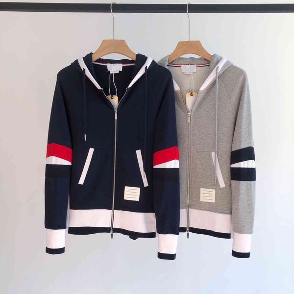 

hoodies korean tb couple style contrast color stitched sleeves loose casual versatile sports zipper hooded cardigan sweater jacket autumn, Black