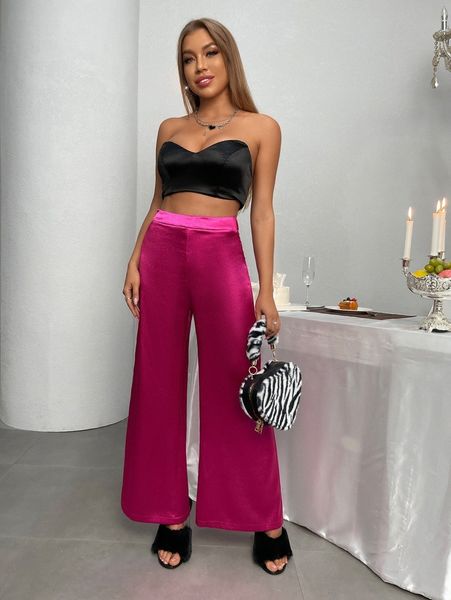 

high waist satin wide leg pants l8yo#, Black;white