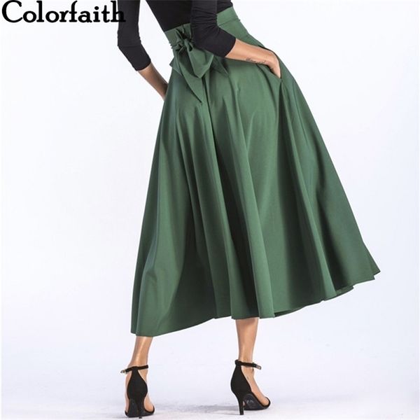 Colorfaith Women Slit Long Maxi Gonna Vintage Ladies Fashion Tasche svasate pieghettate Fiocco con lacci Plus Size Gonna 4XL SK8831 210306