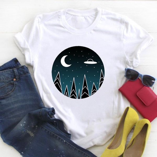 

women cartoon moon star night ufo fashion print summer t tee ladies female shirt clothes tshirt womens graphic t-shirt, White