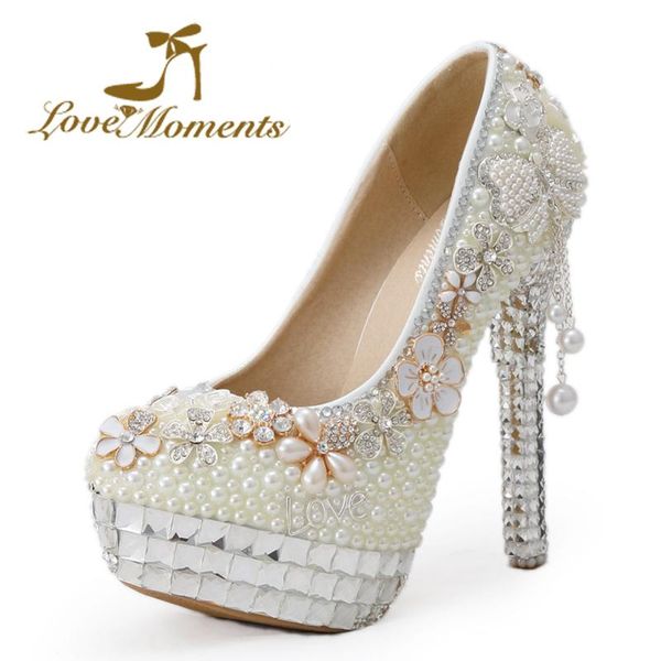

love moments handmade rhinestone ivory pearl high heel wedding shoes banquet dress party shoes crystal bridal large size, Black