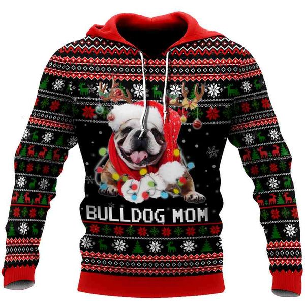 

women hoodie the latest christmas bulldog 3d print autumn men's zipper casual street sweatshirt, Black
