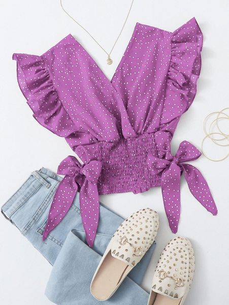 

ruffle trim shirred knotted polka-dot t95x#, White