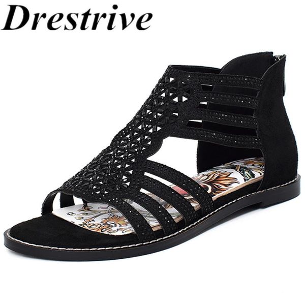 

sandals drestrive women kid suede black round toe zipper 2021 summer fashion flats casual shoes crystal size 42 hollow