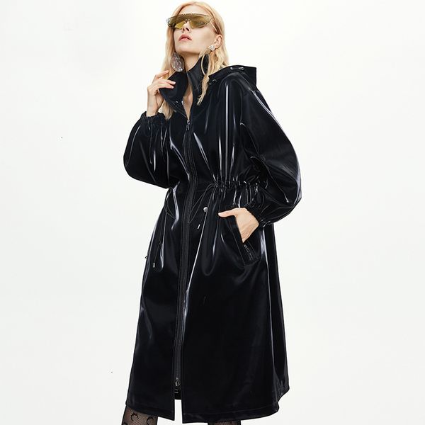 

fashion 2021 new coat slim waist design oversized hooded pu women long trench femme casaco abrigo streetwear 947d, Tan;black