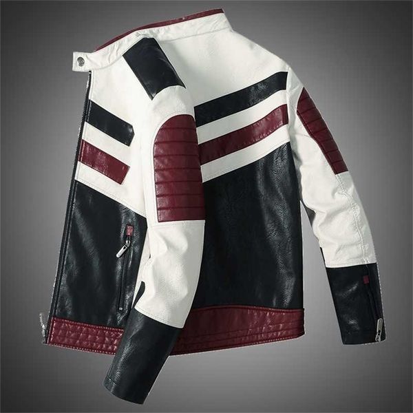 Giacca da motociclista da uomo Giacca in pelle PU patchwork a righe in pelle Giacca autunno inverno Slim Mens High Street Design irregolare 211110