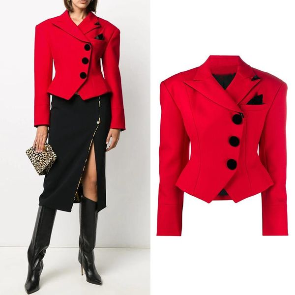 

women's jackets runway looks dress suit collar long sleeved single breasted closed show thin waist short coat festive red small, Black;brown
