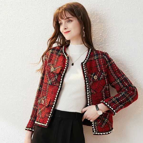 

women's jackets 2021 spring high end lady elegant fashion o neck long sleeves plaid printed red nail beads tweed coats and women clothe, Black;brown