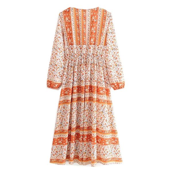 

2021 bohemian lacing up v neck floral dress holiday woman elastic waist long sleeve midi long dresses boho beach, Red