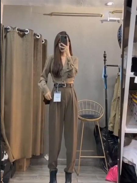 

women's tracksuits spring 2 piece long sleeves blouse women vintage solid pants, Gray