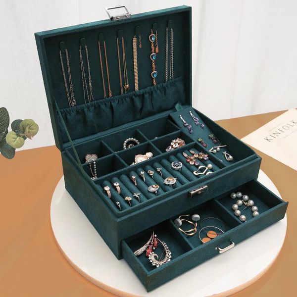 

new 3-layers green stud jewelry organizer large ring necklace makeup holder cases velvet jewelry box with lock for women mj