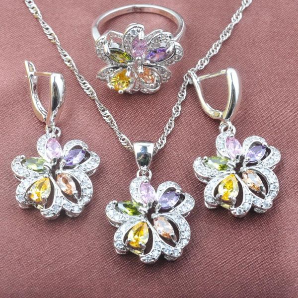 

earrings & necklace perfect multicolor cubic zirconia flower silver color jewelry set for women costume earring pendant ring yz0535