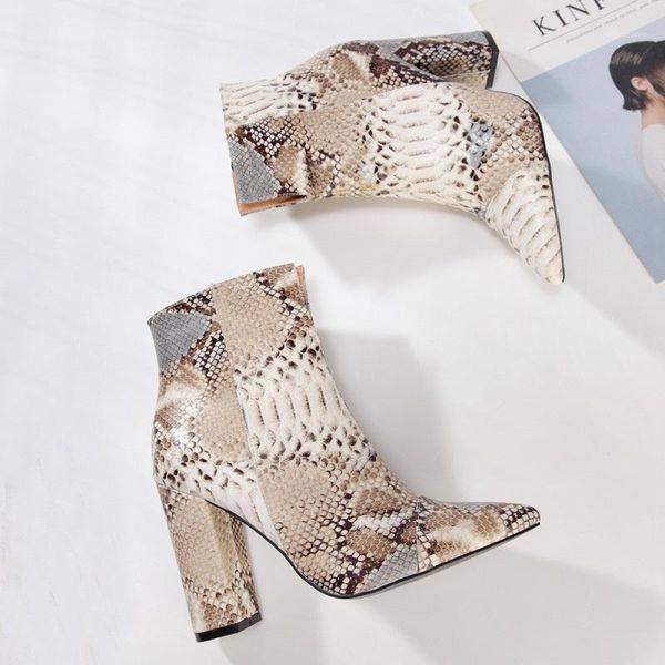 

high heels women ankle boots pu leather serpentine ladies shoes autumn winter pointed toe warm plush fur plus size, Black