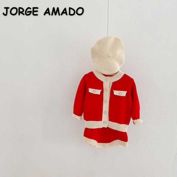 Set da 2 pezzi per neonate primaverili Tuta rossa in lana con imbracatura + cappotto in maglione Vestiti nati stile signora E6032 210610