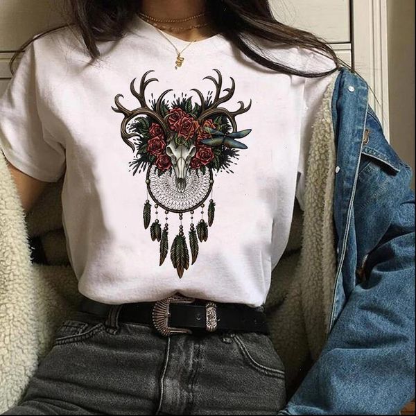 

women t shirt womens graphic feather heifer skull bull vintage mujer camisetas print clothes lady tees female t shirt, White