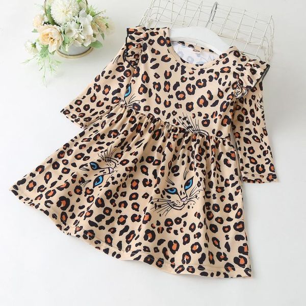 

girl's dresses toddler kids baby girls long sleeved leopard printed ruffle dress clothes, Red;yellow