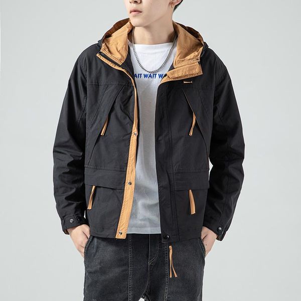 

men's jackets 2021 autumn trendy hooded cargo jacket men hip hop high street pilot coats male patchwork casual windbreaker, Black;brown