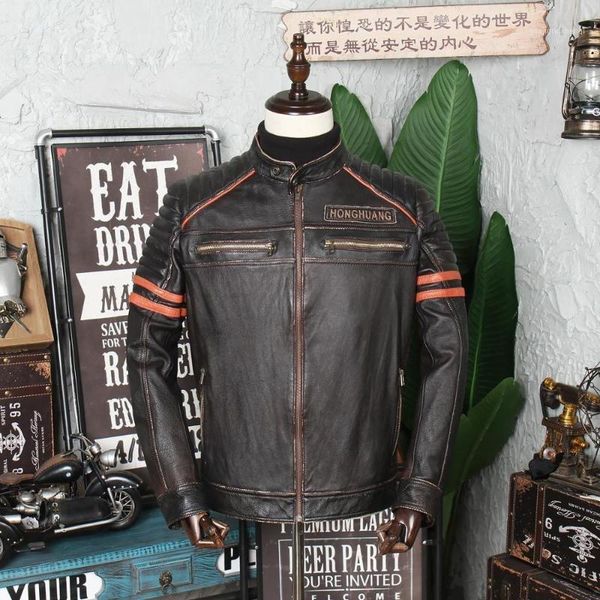 

men's leather & faux vintage 2021 black skull motorcycle jacket men large size xxxxl genuine cowhide spring slim fit natural coat