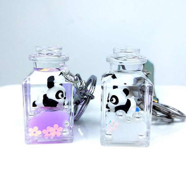 

keychains pentagram bear panda liquid keychain glitter quicksand acrylic keyring backpack trinket couples women men key chain gift, Silver
