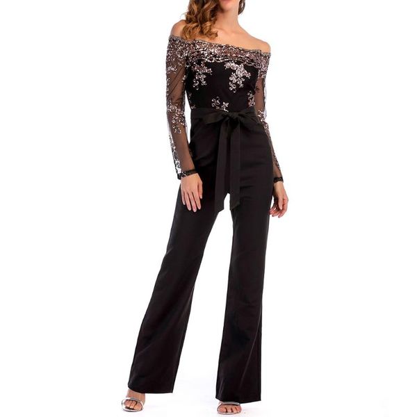 

women's jumpsuits & rompers women fashion wide leg sequin mesh splice cold shoulder long sleeve jumpsuit womens combinaison, Black;white