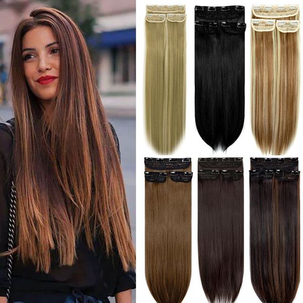 

synthetic wigs multi-length 18''& 24'' long straight and curly full head 3 pcs set thick clip in on hair black brown hai