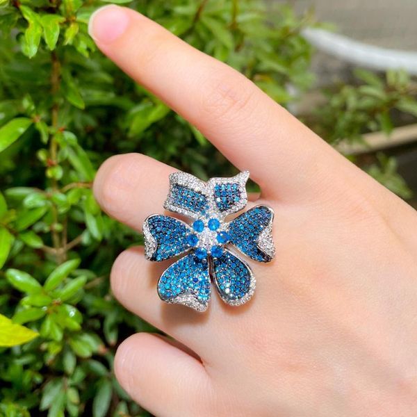 

wedding rings cwwzircons 3d geometric flower micro pave blue cubic zirconia big statement luxury for women bridal accessory r198, Slivery;golden
