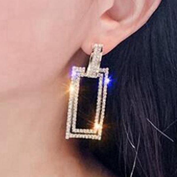 

dangle & chandelier fashion brand jewelry exaggerated geometric rectangle with crystal earrings for women shiny side style earring gift, Silver
